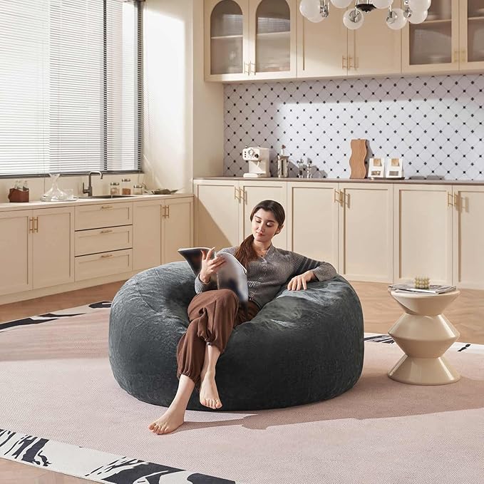 Bean Bag Chair 4Ft, Memory Foam Filled, Large Beanbag Chairs for Adults and Teens, Soft Sofa with Removable Flannel Cover, Round Couch for Living Room Bedroom College Dorm (Dark Gray, 4FT-47×47"×24")-Ruum Studio Home