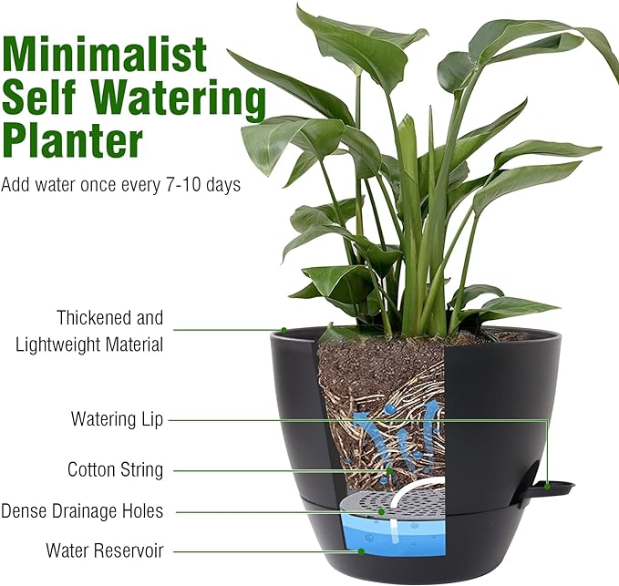 12/10/9 inch Large Self Watering Pots, Planter, Plant Pots with Mesh Drainage Holes for Indoor Outdoor Garden Plants, Plastic Flower Pots with Removable Deep Reservoir, Black-Ruum Studio Home