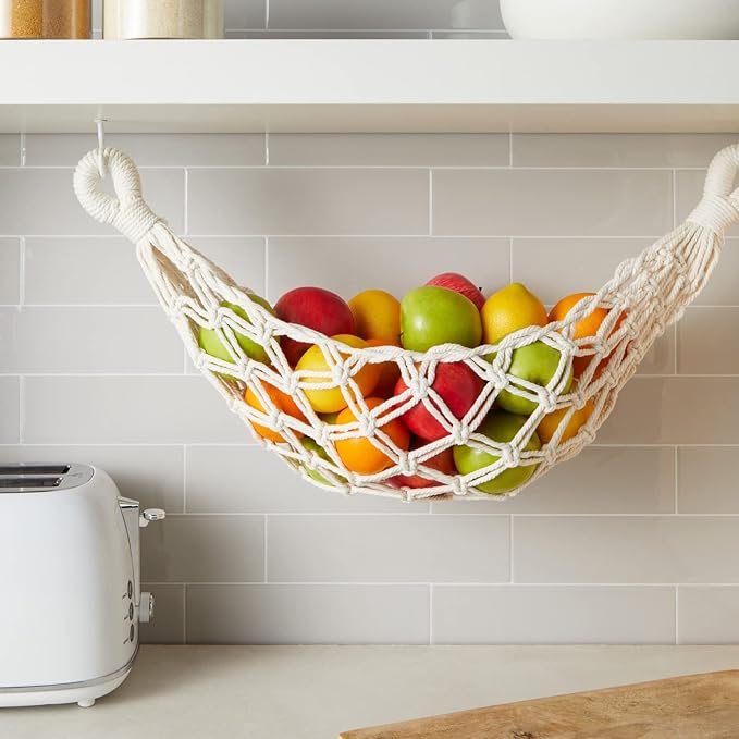 Okuna Outpost Macrame Hanging Fruit Basket Hammock for Kitchen - 6 x 25 x 15 in - White Cotton Modern - Under-Cabinet Storage with 2 Hooks for Bananas-Ruum Studio Home