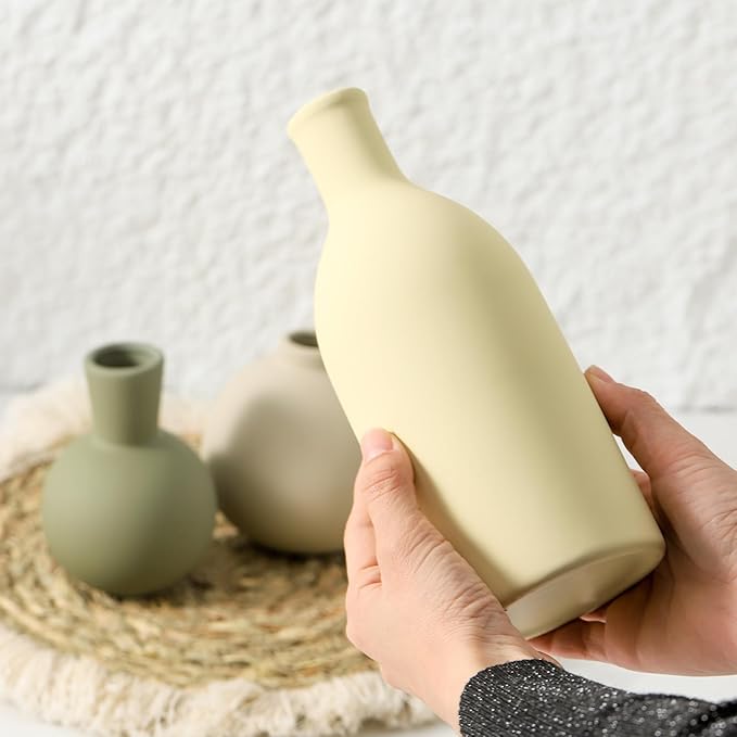 Vase Set of 3, Ceramic Vases Home Decor Flower Decorative Table Decor Vase Pottery Neutral Vases for Tray Table Mantel Living Room Kitchen Bedroom Bathroom Entryway -Light Color-Ruum Studio Home