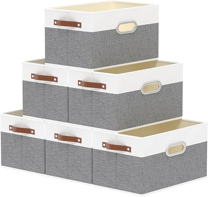 Yawinhe Fabric Storage Baskets, Foldable Closet Organizer for Shelves, Large Boxes with 3 Handles, Canvas Bins for Clothes, White/Grey, 12.99''Lx9.05''Wx7.87''H, 6-Pack-Ruum Studio Home