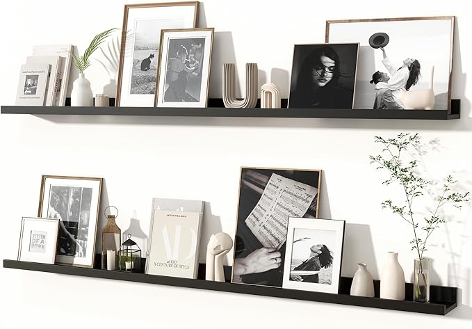 Fun Memories Picture Ledge Shelves Set of 2, 55 Inch Rustic Wall Mounted Floating Shelves with Lip for Home Storage and Décor in Bathroom, Kitchen, Nursery, Bedroom, Living Room, Black-Ruum Studio Home