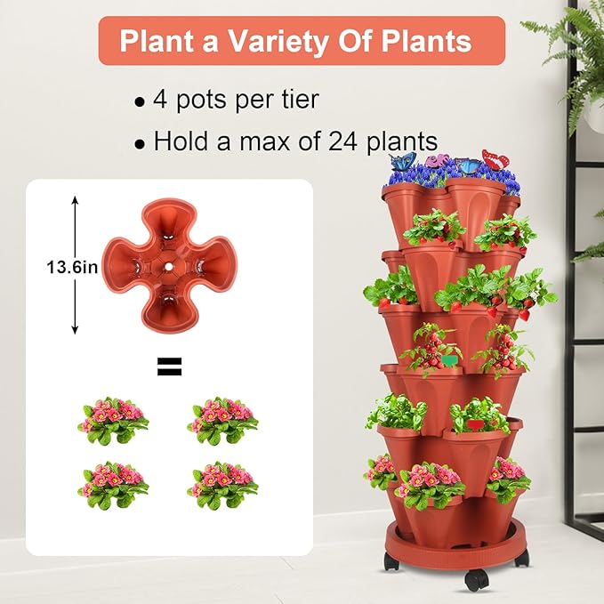 Vertical Planter, 6 Tier Stackable Strawberry Planter with Garden Tool Set, Movable Indoor/Outdoor Garden Herb Pot for Growing Vegetables and Succulents, Red-Ruum Studio Home