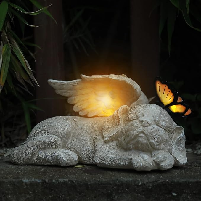 WONDER GARDEN Sleeping Dog Angel Statue with Solar Light - Pet Memorial Stone, in Memory of Dog, Marker Tribute Statues, Resin Guardian Angels, Bereavement Gift-Ruum Studio Home