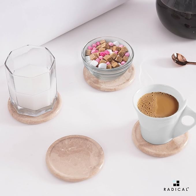 Marble Coasters Set of 6 Verona 3.5 Inch Round Coaster for Drinks with Holder, Drink Coaster for Tabletop & Coffee Table Decor, Ideal Home Decor House Warming Gifts-Ruum Studio Home