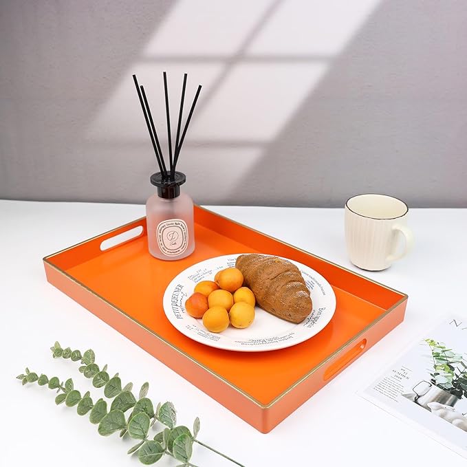 Spsyrine Orange Decorative Serving Tray with Handles, Elegant Plastic Coffee Table Tray for Ottoman, Living Room, Home Decor 15.6" X 10.2"-Ruum Studio Home