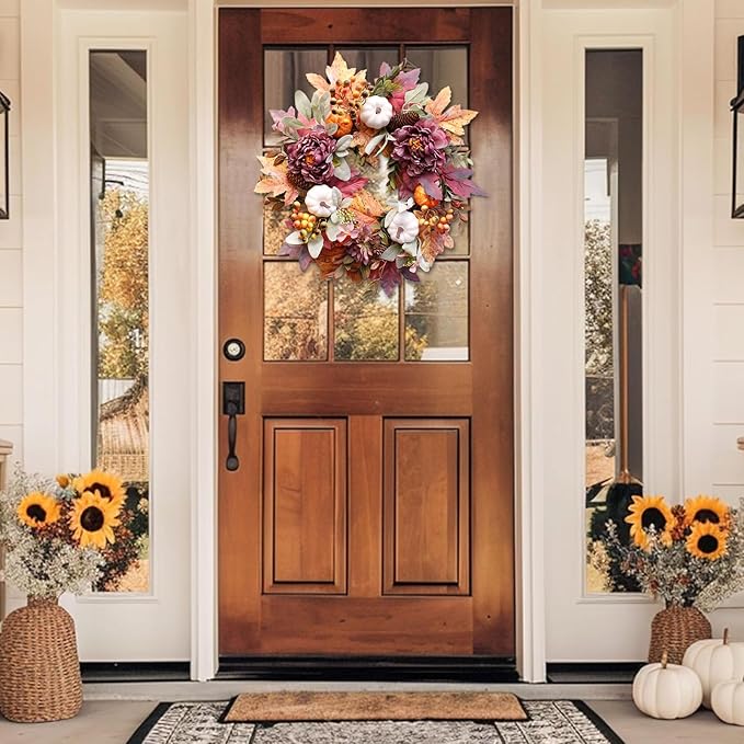 20Inch Fall Wreaths for Front Door,Fall Wreath,Fall Decorations for Home,Autumn Wreaths with White Pumpkins Peony Pine Cones, Fall Door Wreath for Thanksgiving Halloween Indoor Outdoor Decor-Ruum Studio Home