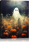 Halloween Canvas Wall Art, Spooky Ghost in Pumpkin Patch Poster, Vintage Gothic Fall Decor, Dark Academia Fall Decor for Living Room, Framed Indoor Halloween Decorations-Ruum Studio Home