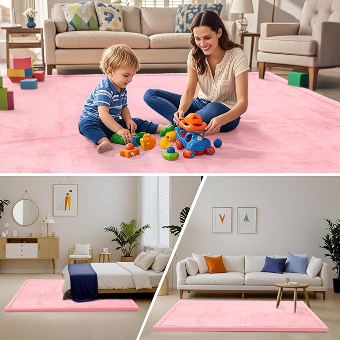 ACOMOPACK Baby Play Mat for Floor,1.3" Thick Memory Foam Area Rug for Living Room,Soft Velvet Crawling with Non-Slip Bottom for Kid,Toddler,59"×71" Tummy Time Nursery Rugs,Yoga（Pink）-Ruum Studio Home