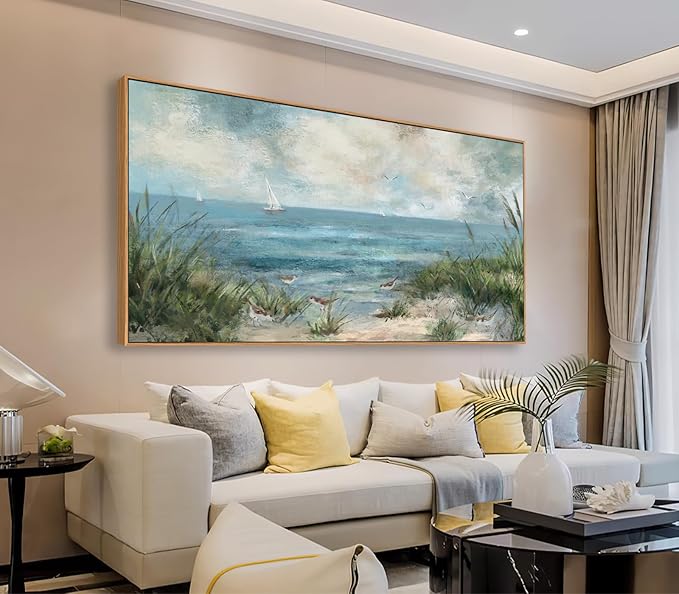 Sea Beach Framed Canvas Wall Art Vintage Seascape Canvas Prints Wall Decor Ocean Sailboat Seagull Canvas Pictures Beach Bird Reed Canvas Painting Artwork Living Room Bedroom Decoration 29" X 58"-Ruum Studio Home