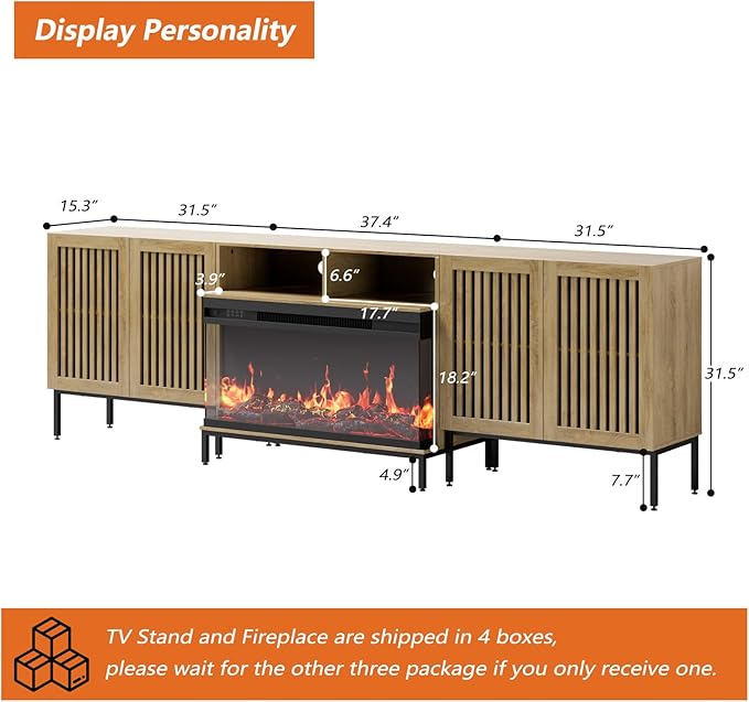 3-Sided Glass Farmhouse Fireplace TV Stand for TVs Up to 100 Inch, Entertainment Center with 36" Electric Fireplace, Oak TV Console with Storage Cabinets for Living Room-Ruum Studio Home