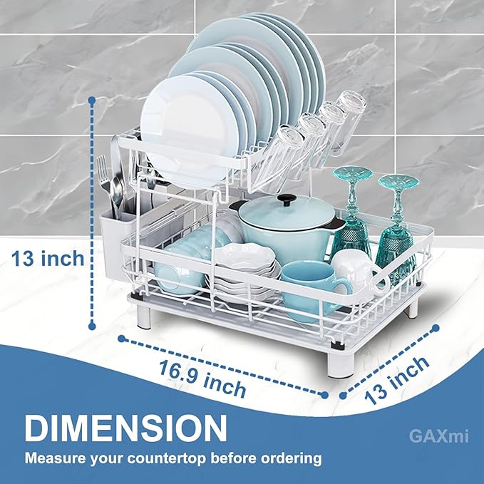 GAXmi Dish Drying Rack Over The Sink Drainer with Drainboard Utensil Holder Cup Holder, 2-Tier White-Ruum Studio Home