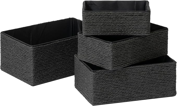 LA JOLIE MUSE Storage Baskets Set 4 - Sturdy Woven Paper Rope Decorative, Stackable Wicker Baskets for Makeup Closet Bathroom Bedroom (Ebony Black)-Ruum Studio Home