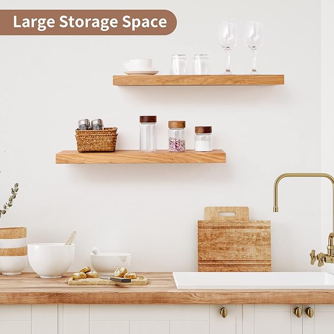 Axeman Floating Shelves for Wall, 24''W x 8'' D Rustic Solid Elm Wood Shelves for Storage, Wall Mounted Display Shelving with Invisible Heavy-Duty Metal Bracket (Natural, 2PCs)-Ruum Studio Home
