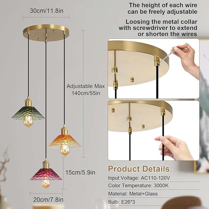 Glass Ceiling Chandelier,3-Light Colorful Hanging Pendant Light,Mid Century Modern Glass Pendant Light Fixture for Dining Room, Hallway, Living Room,Farmhouse,Kitchen Island-Ruum Studio Home