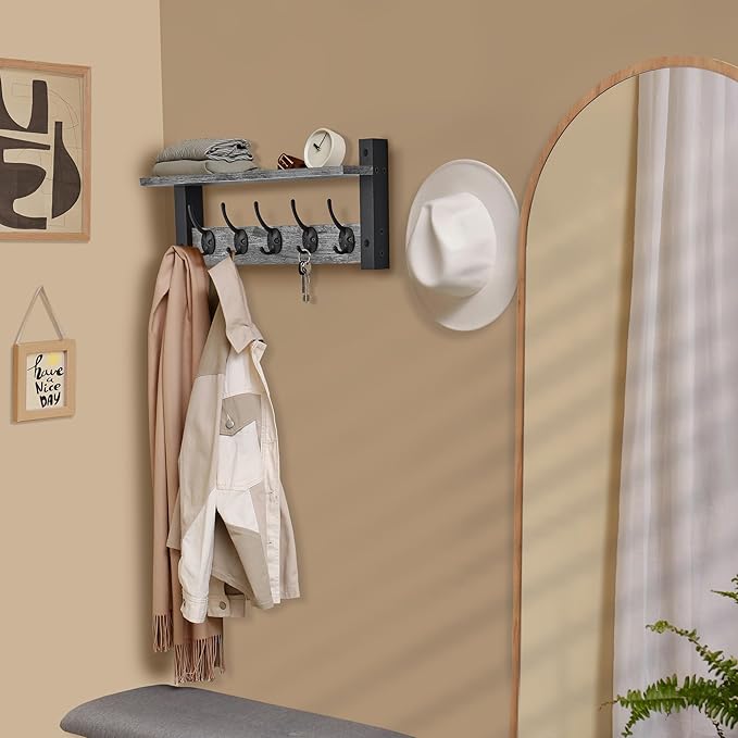 Sorbus Coat Hooks Wall Mount with Shelf – 16 Inch Coat Rack Wall Mount with 5 Heavy Duty Hooks – Floating Wall Shelf with Hooks for Entryway, Bathroom, Bedroom, Kitchen, or Mudroom (Gray)-Ruum Studio Home