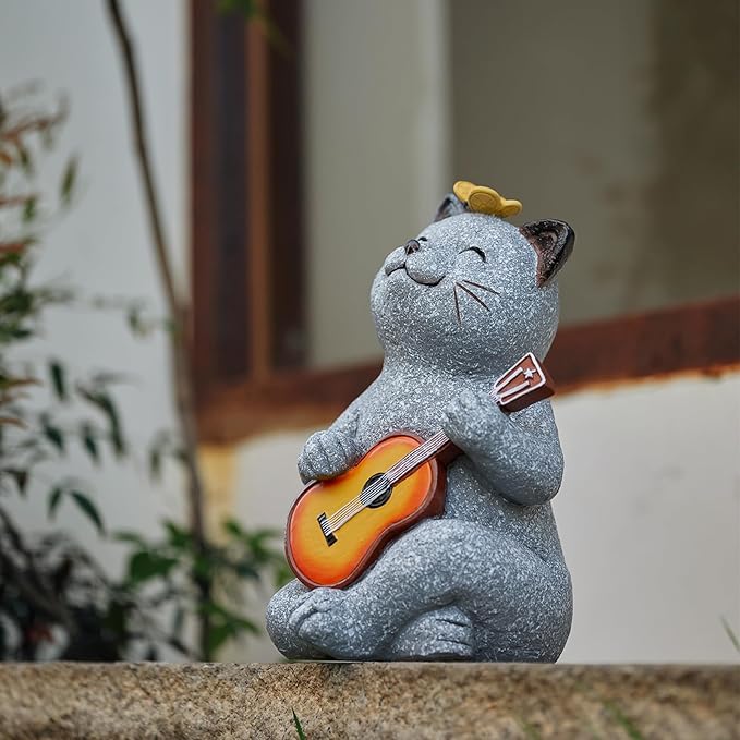 Cat Garden Statue Outdoor Decor, Cat Sculpture with Guitar and Butterfly for Yard Lawn Patio Balcony, Birthday Housewarming Gifts for Mom, Grandma, Women, 8.8 inch, Resin-Ruum Studio Home