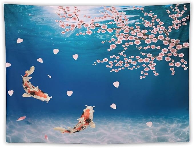 Japanese Koi Fish Tapestry, Cherry Blossoms Asian Oriental Blue Floral Branch Koi Fish Carp Tapestries Wall Hanging for Bedroom Living Room Office Decor 90"x60"-Ruum Studio Home