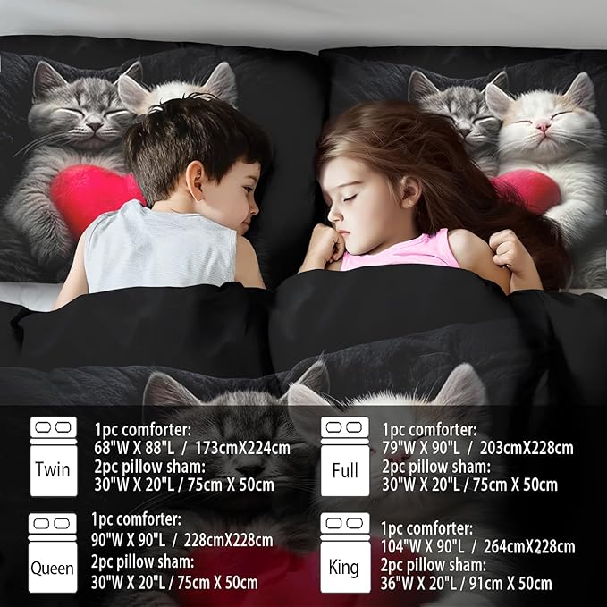 Cute Cat Comforter Set Twin,Kawaii Cat Bedding Set for Girls,Cute Animal Comforter Red Love Heart Bedding Decor,Kawaii Farm Animal Quilt Patterns Kids and Adults-Ruum Studio Home
