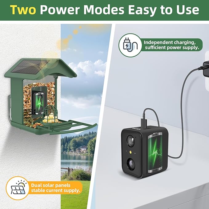 Smart Bird Feeder with Camera, AI Species Identify, Dual Solar Powered Birdfeeder Cam for Outside IP65 with 2.4GHz WiFi, 2K HD Auto Capture Birds Video for Bird Lover (Green)-Ruum Studio Home