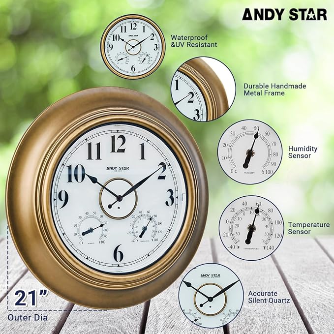 ANDY STAR 21 Inch Outdoor Clocks Waterproof, Large Outdoor Wall Clocks for Patio with Thermometer, Weatherproof Illuminated Clock Battery Operated with Thermometer&Hygrometer, Gold Metal Finish-Ruum Studio Home