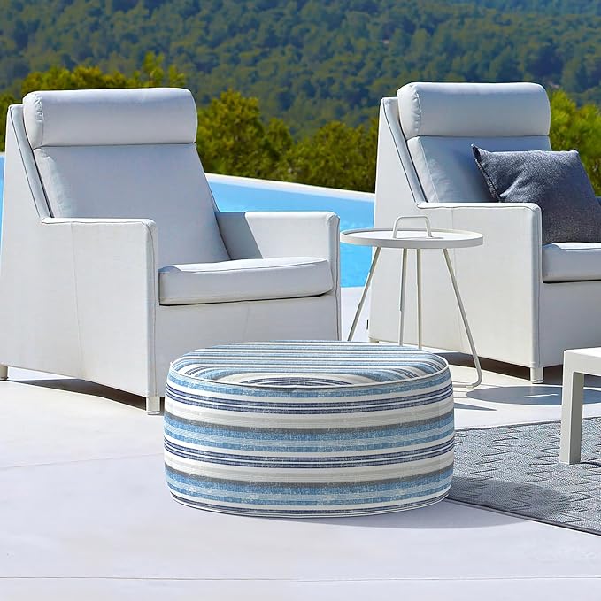 LVTXIII Outdoor Inflatable Ottoman, Fade-Resistant Round Footrest Stool D31”x H14”, Portable Patio Pouf for Garden Camping or Home Use, Stripe Layered Blue-Ruum Studio Home