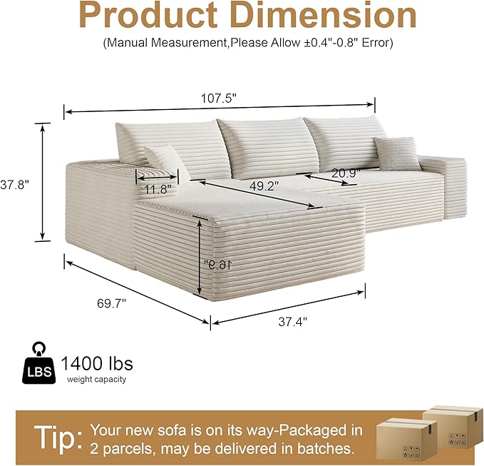 108" Sectional Couches for Living Room Modern Modular Sofa with L-Shape Couchs Upholstered Boneless Couch Deep Seat Sectional Couch with Chaise (White, Left Facing Chaise+2Seaters)-Ruum Studio Home