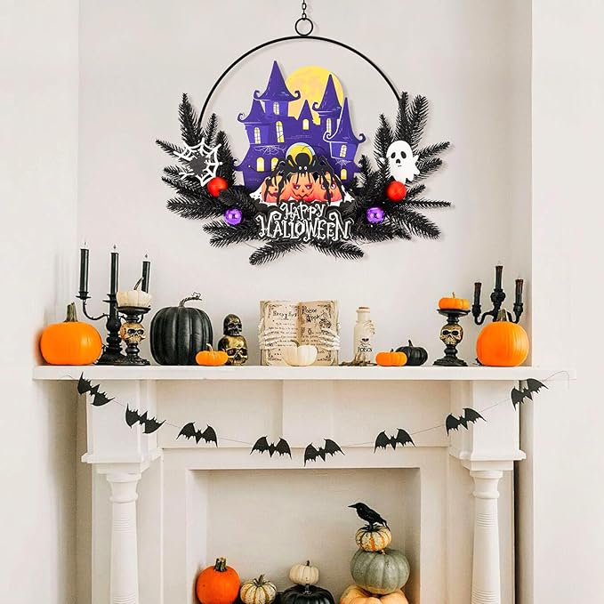 Lighted Halloween Wreaths for Front Door, Welcome Metal Wooden Door Wreath Decor Hanging Sign, 30 LED Lighted Wall Decor Battery Operated for Halloween Indoor Outdoor (Spider)-Ruum Studio Home