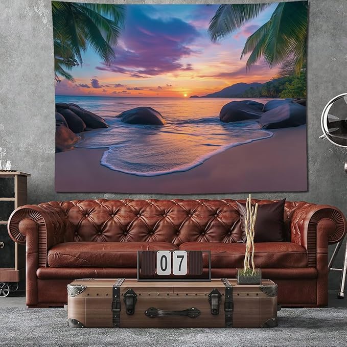 keowhsf Beach Sunset Ocean Tapestry – Tropical Palm Trees Wall Decor with Warm Orange Sky, Summer Seaside Landscape Wall Hanging for Bedroom Living Room Dorm-Ruum Studio Home