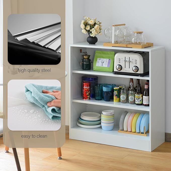 3-Tier Bookshelf with Adjustable Shelves, White Metal Space Saving Storage Shelf Bookcase, Small Open Storage Shelf for Living Room, Home Office, Dinning Room, Pantry (White-36H)-Ruum Studio Home