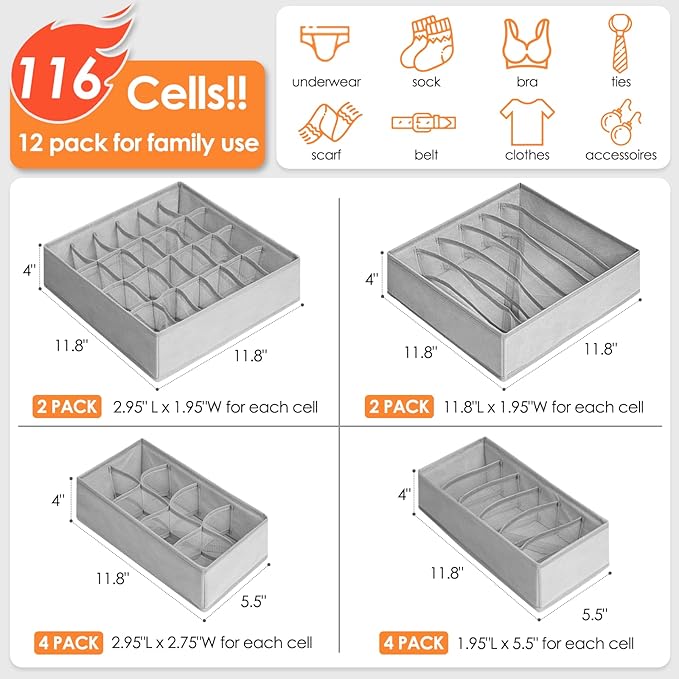 12 Pack Sock Underwear Drawer Organizer Dividers, 116 Cells Fabric Foldable Dresser Closet Organizers and Storage Bins for Baby Clothing, Women Men Underwear Socks, Bra, Ties, Scarf-Ruum Studio Home