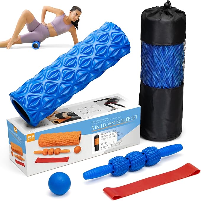 5 in1 Foam Roller Set, Trigger Point Foam Roller, Massage Roller Stick, Massage Ball, Resistance Band for Deep Muscle Massage Pilates Yoga,Fitness Exercise for Whole Body (Pure Blue)-Ruum Studio Home