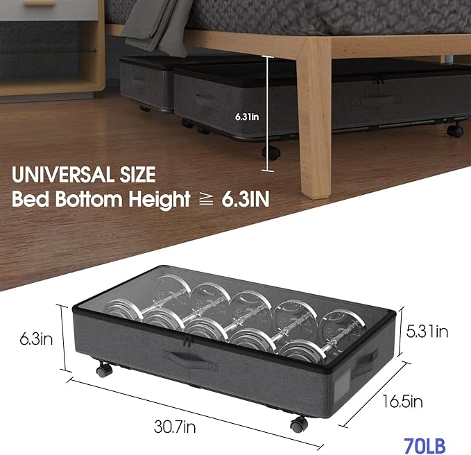 Under Bed Storage with Wheels, 2 Pack Under Bed Storage Containers with Transparent Lid, 50L Large Capacity Underbed Storage Containers, Underbed Storage Bins for Clothes, Shoes, Books, Toys, Black-Ruum Studio Home