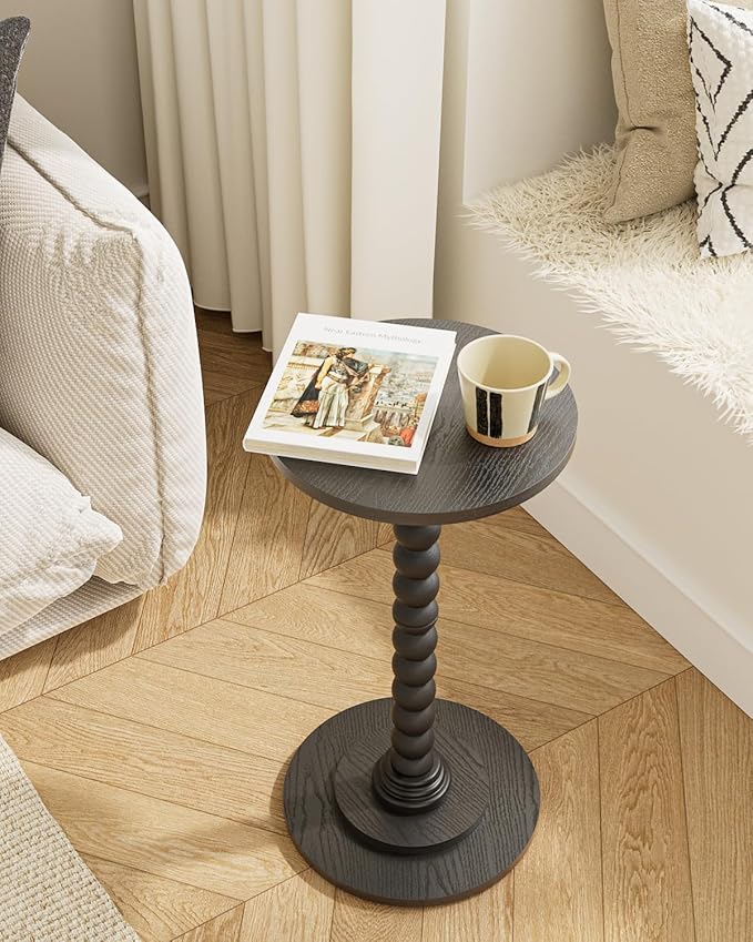 Masupu Round Side Table, Small End Table for Small Spaces, Pedestal Drink Table with Solid Wood Leg for Living Room, Bedroom, Corners(Black)-Ruum Studio Home