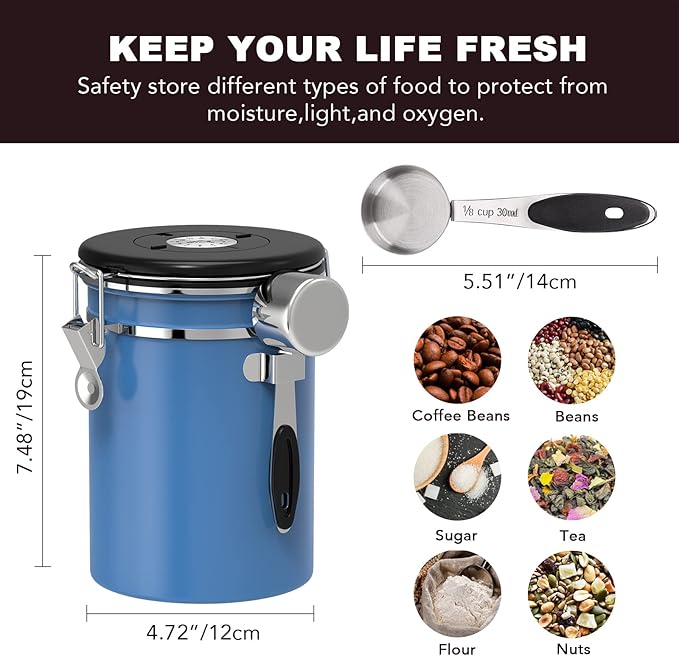 ShanSon Coffee Canister Airtight Coffee Container Stainless Steel Coffee Bean Storage Container with CO2 Release Valve and Scoop Coffee Canister for Beans,Grounds,Sugar,Flour,Tea,Cereal,22OZ,Blue-Ruum Studio Home