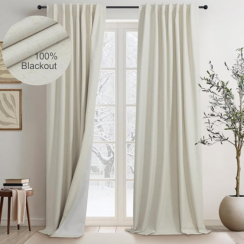 100 Inch Length Custom Summer Curtains for Windows Living Room Viral Back Tab Pleated Extreme Blackout Curtain Linen Designer Drapes for Sliding Glass Doors Patio 52 Wide x 100 Long Tall 2 Panel Beige-Ruum Studio Home