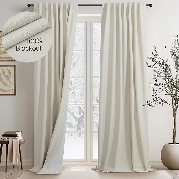 Beige Linen Curtains Boho Textured 100% Blackout Burlap Curtains 86 Inch Length 2 Panels Set Thermal Insulated Country Curtain for Living Room Bedroom Darkening Rustic Farmhouse Drape 52x86 Long-Ruum Studio Home