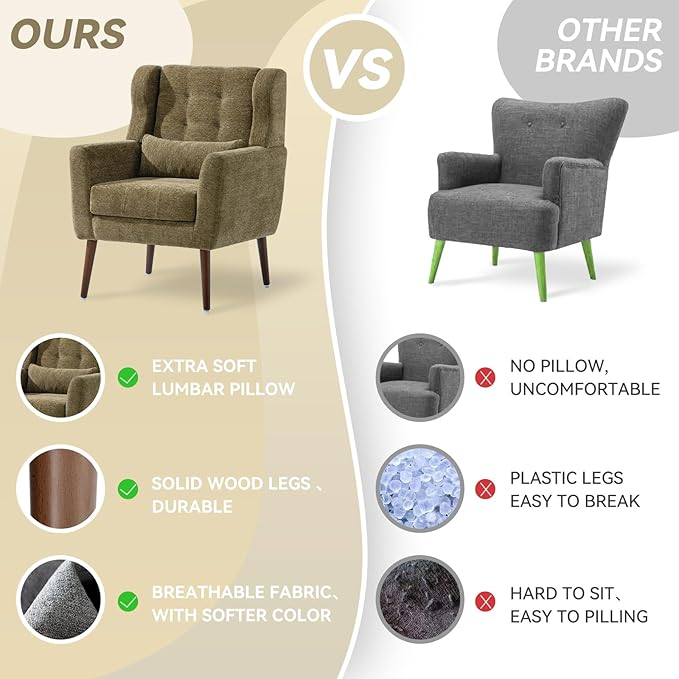 Modern Accent Chair, Upholstered Armchair with Pillow, Fabric Single Sofa Chair with Lounge Seat and Wood Legs Accent Chair for Living Room Bedroom Small Spaces (Avocado, Set of 1)-Ruum Studio Home