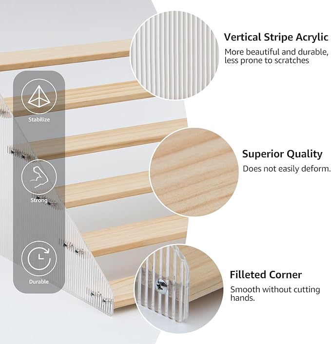 nianfeng Tiered Spice Rack, 6-Tier Spice Pantry Kitchen Cabinet Organizer, 12-Inch, Natural Wood Acrylic Stair Riser Stand, Countertop Seasoning Shelf-Ruum Studio Home