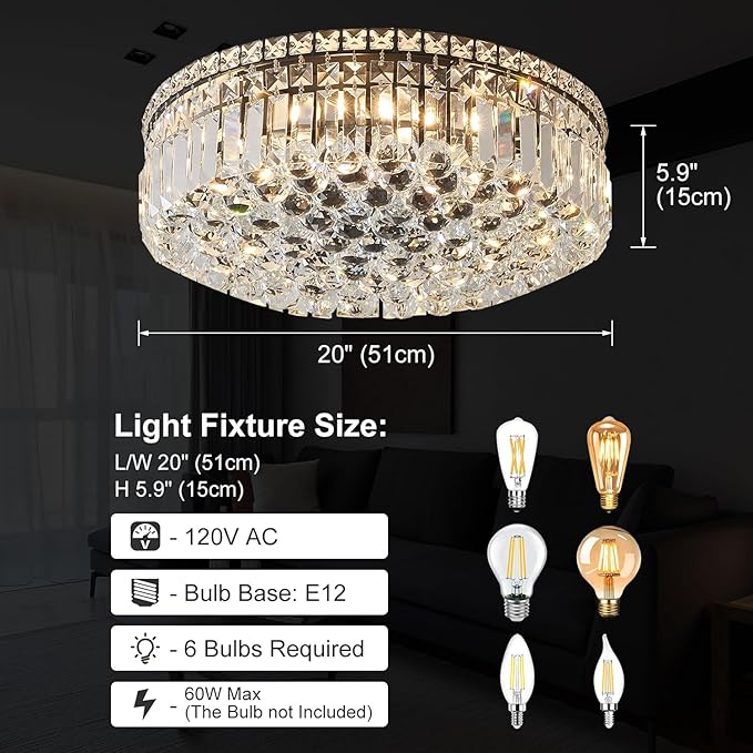 6-Lights Black Crystal Flush Mount Chandelier Light Fixture K9 Crystals Modern Ceiling Lights Elegant Pendant Lamp for Bedroom,Hallway,Bar,Living Room,Dining Room,H5.9 xW20 (Bulbs Not Included)-Ruum Studio Home