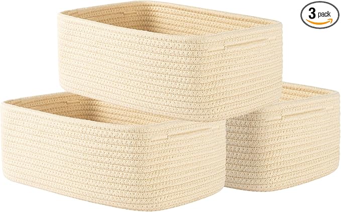 KALLAX Small Woven Basket, 12 x 8 x 4.5 Inches, Storage Basket for Organizing, Cute Small Rope Shelf Closet Cube Storage Bins Baskets for Shelves, Dog Toy Gift Baskets Empty, 3 Packs, Beige-Ruum Studio Home