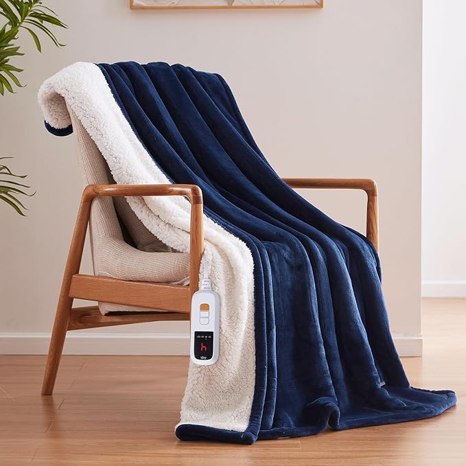Sealy Electric Blanket Throw Size 50"*60",Super Cozy Flannel to Sherpa Reversible Heated Blanket Throw with 6 Heating Levels & 2-10 Hours Auto Off Overheating Protection Machine Washable,Navy-Ruum Studio Home