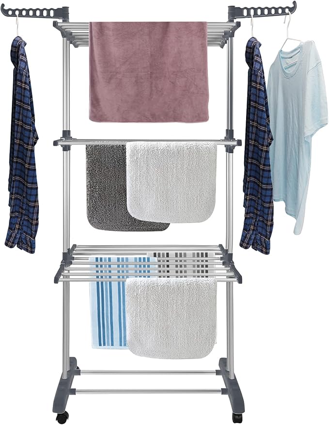 Bigzzia Clothes Drying Rack Folding Drying Rack Clothing 4 Tier Clothes Horses Rack Stainless Steel Laundry Drying Rack with Two Side Wings Grey-Ruum Studio Home