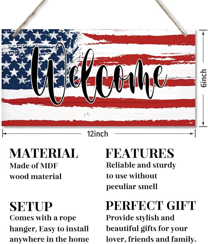 Welcome Decor Sign, Hanging Wood Sign Home Decorative, Printed Wood Wall Art Sign, American Flag Welcome Sign, Patriotic Home Decor, Front Door Decor Sign, Farmhouse Porch Wall Art Sign 12 * 6inch-Ruum Studio Home