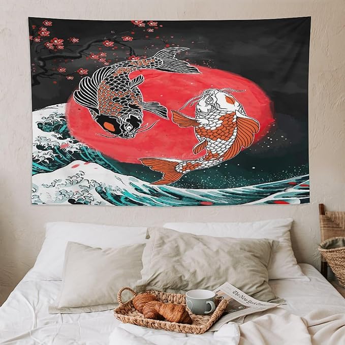 Houselerax Koi Fish Tapestries,Japanese Style Yin Yang Big Wave Cherry Blossoms Tapestry Wall Hanging for Bedroom Living Room Office Decor 90"x60"-Ruum Studio Home