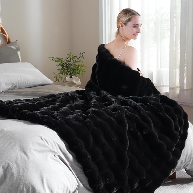 BENVWE Faux Fur Throw Blanket for Couch - Thickened Fluffy Soft Bubble Blanket for Living Room Home Decor - Fathers Day Birthday Gifts for Women Men, Black, 50" x 60",1300GSM-Ruum Studio Home