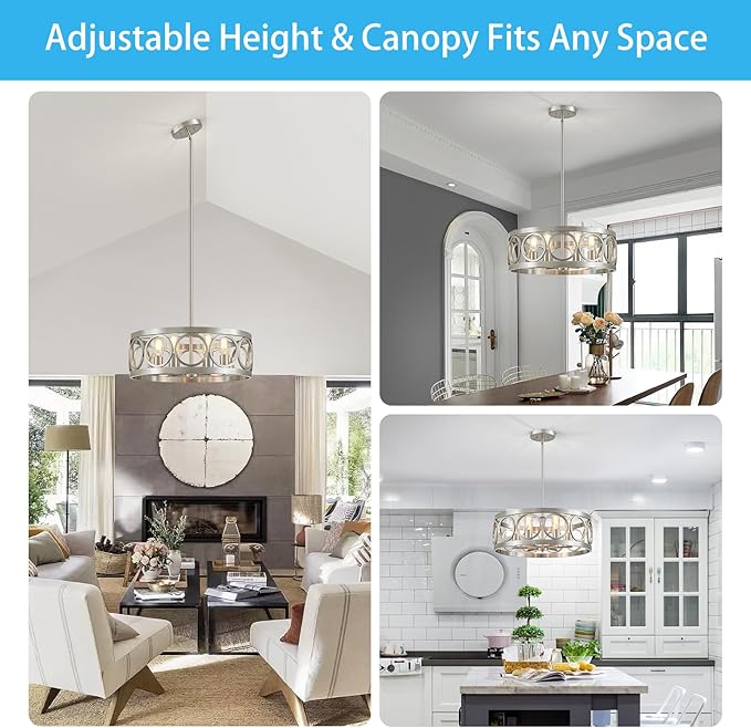 XINGQI 6-Light Modern Farmhouse Chandelier Brushed Nickel, 21.7'' Drum Ceiling Light Fixture for Living Dining Room Over Table with Round Metal Shade Pendant Lighting-Ruum Studio Home
