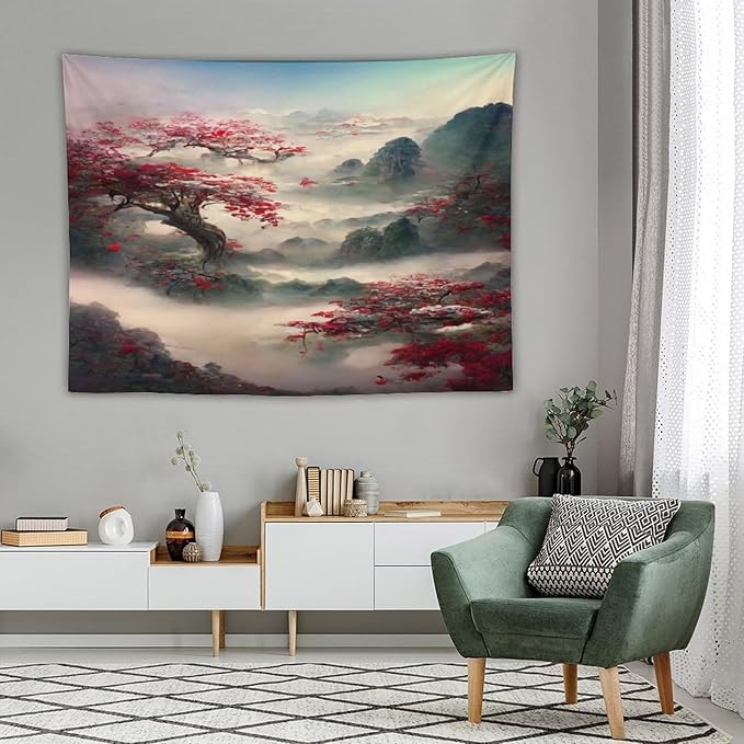Japanese Tapestry, Red Plum Cherry Blossom Mountain, Nature Landscape, Bedroom & Living Room Decor, 80"x60"-Ruum Studio Home