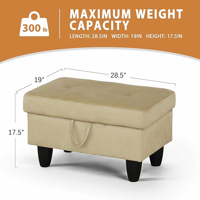 Ottoman Rectangular Storage Ottoman Bench, Flannel Footrest Stool Footstool with Lid for Living Room, Bedroom, Entryway, Light Brown, 28.5"x19"x17.5"-Ruum Studio Home