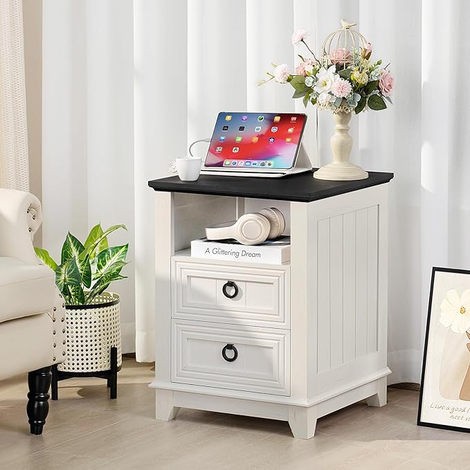 18" Farmhouse Night Stand with Charging Station, 2 Drawers End Table Dresser for Bedroom, White Wooden Nightstand, Bed Side Table with Open Shelf, Bedside Cabinet for Living Room, Closet-Ruum Studio Home